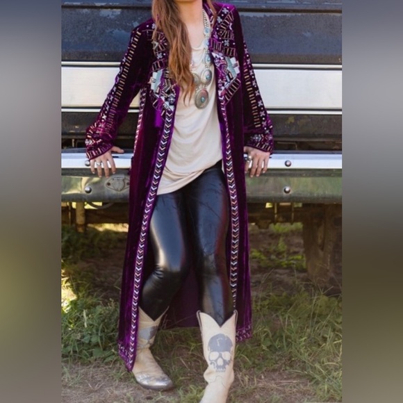 Crazy Train Jackets & Blazers - Crazy Train Purple Velvet Beaded Embroidered Western Duster Kimono Jacket S